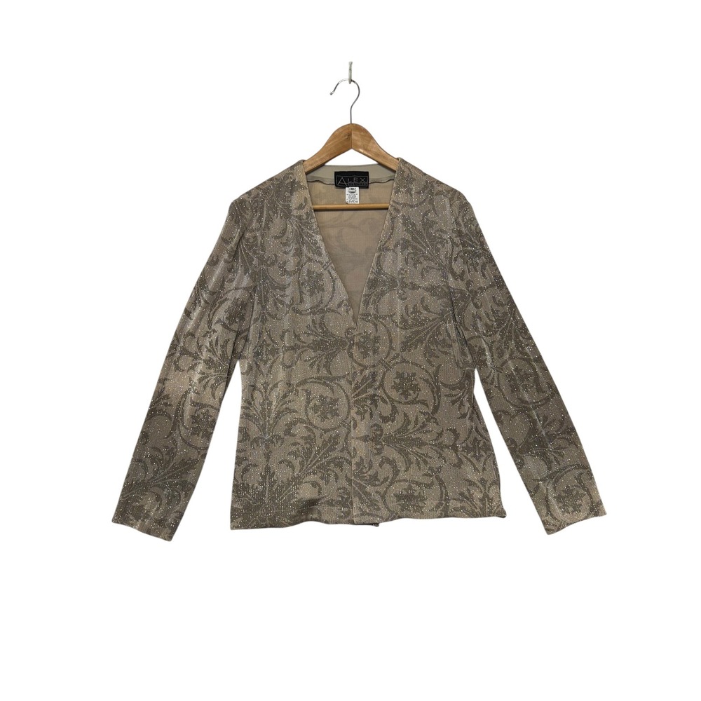 Alex Evenings Women 10 Champagne Gold Glitter Damask Open Front Cardigan Jacket